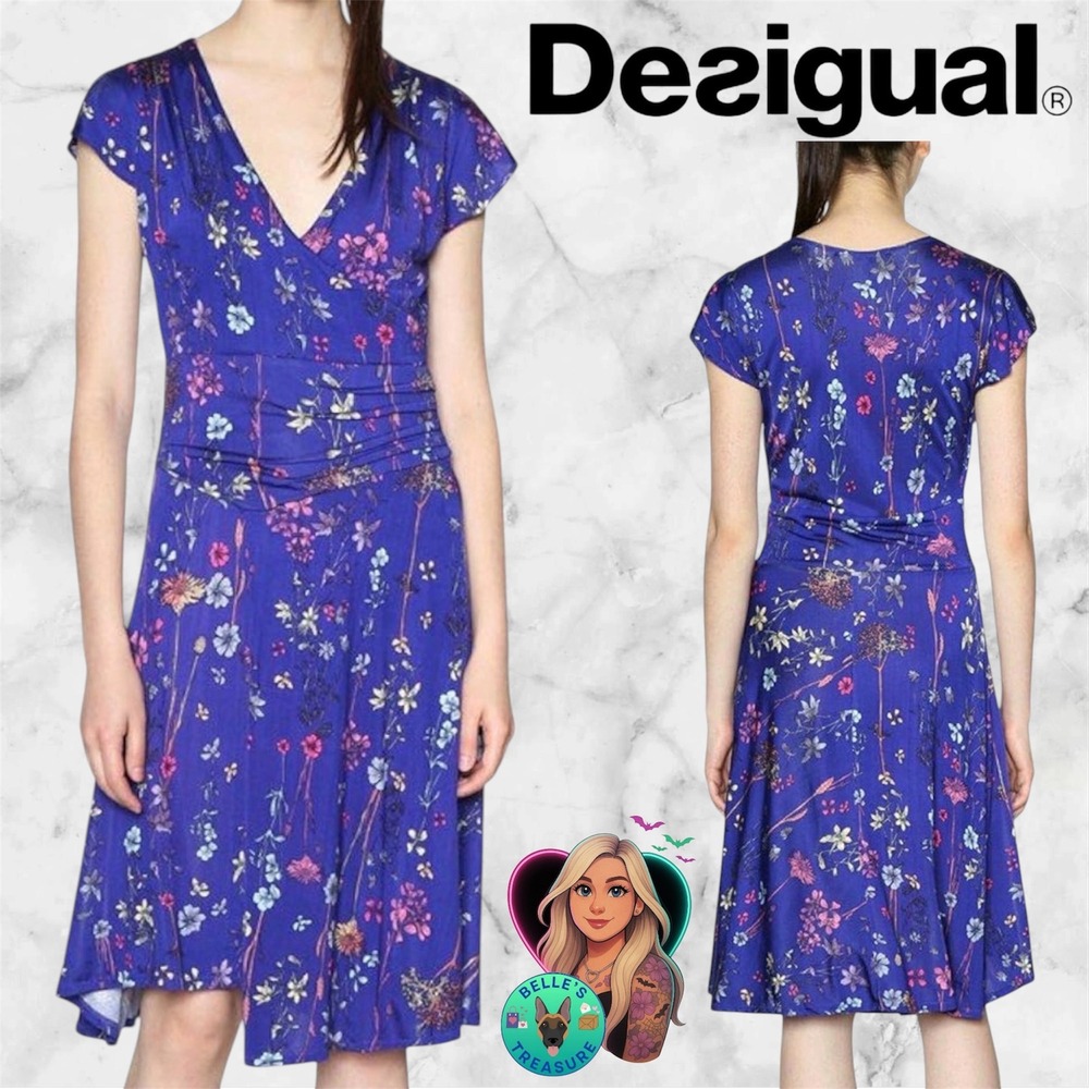 Desigual Womens Medium Raki Short Sleeve Dress Blue Floral Midi Faux Wrap Luxury